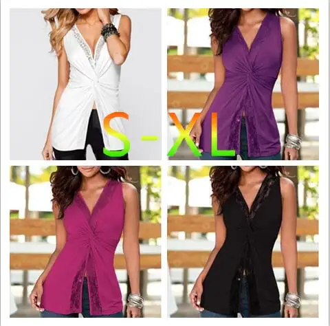 

V-neck cross sleeveless stitching sexy casual wild sleeveless T-shirt explosions women's fashion summer lace split