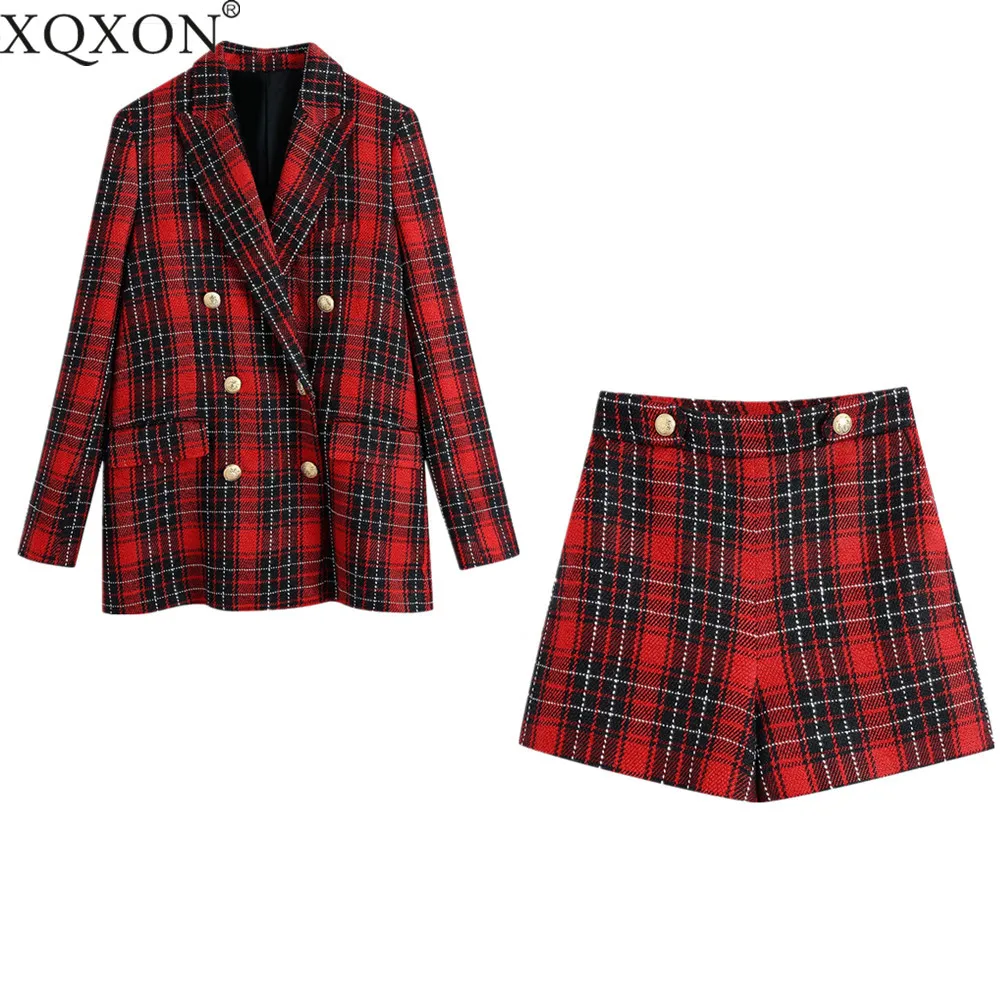 

2021 New Women 2 piece set Red Plaid Blazer & High-waist Shorts Set Woman Two-piece Set Outfits