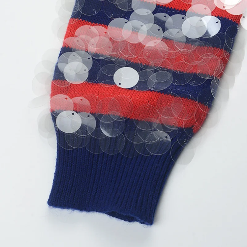 

GALCAUR Striped Knitting Sweaters For Women O Neck Long Sleeve Hit Color Patchwork Sequins Streetwear Pullovers Female 2021 Tide