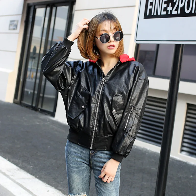 

2020 Faux Leather Jacket Women Patchwork Contrast Hooded Zipper Pocket Streetwear Women Windbreaker Female Pu Leather Coat Short