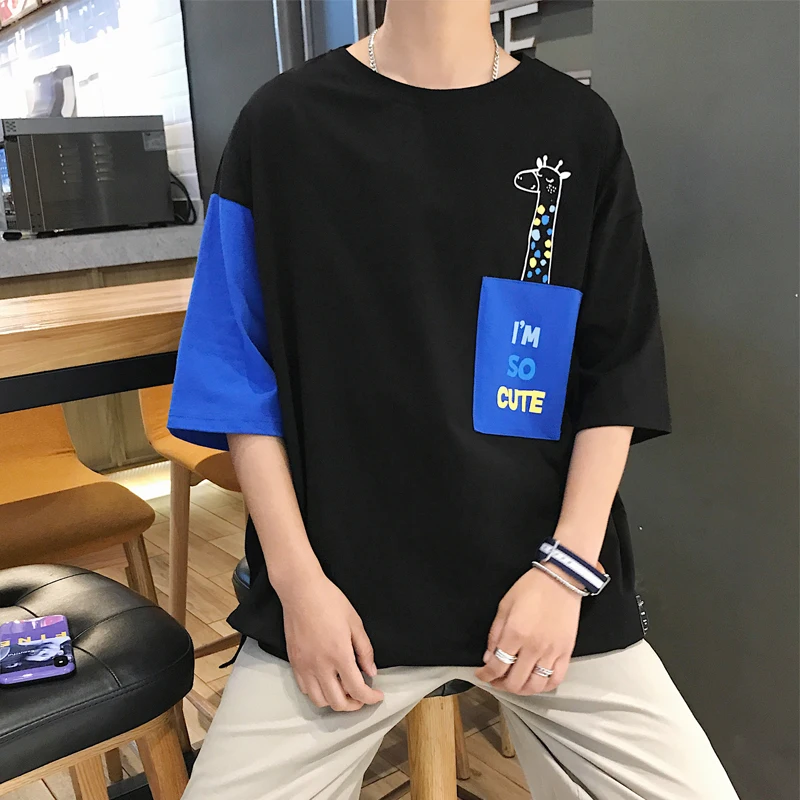 

Cotton short-sleeved round neck T-shirt men's fashion trend color matching printed animal loose sports shirt 2021 summer new