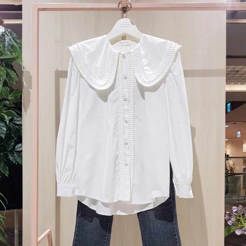 

Spring Casual New Peter Pan Collar Pleated Edge Solid Color Shirt Women Loose Long Puff Sleeves Simple All-match Blouse Top