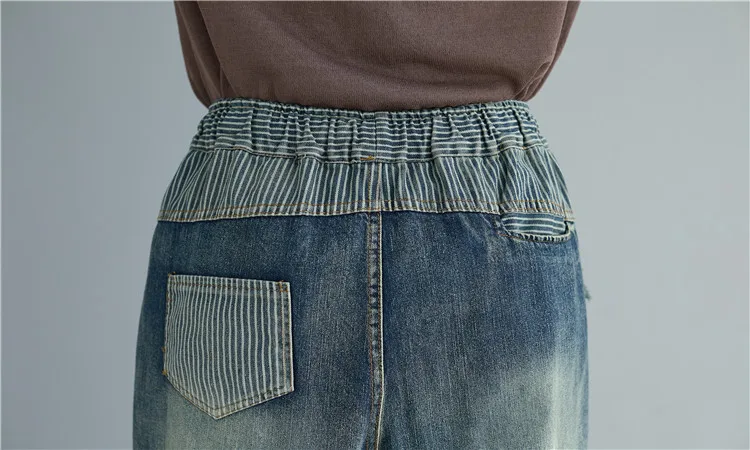 

Casual Jeans Harem Pants Pleated Women's Trousers Korean Denim Trousers Women Capris Striped Pantalon Taille Haute Femme