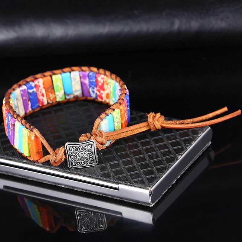 7 Chakren красочные Императорский камень браслет ручной работы из кожи Канатный с