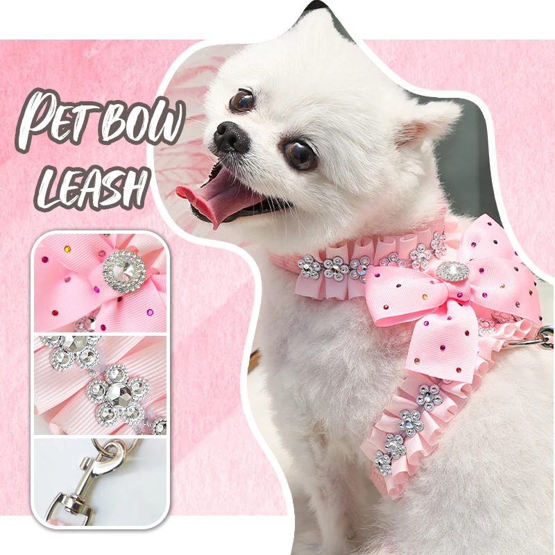 

Cute Pink Bow Dog Harness Leash Bling Rhinestone Pet Princess Harness Puppy Cat Chest Strap Vest Set