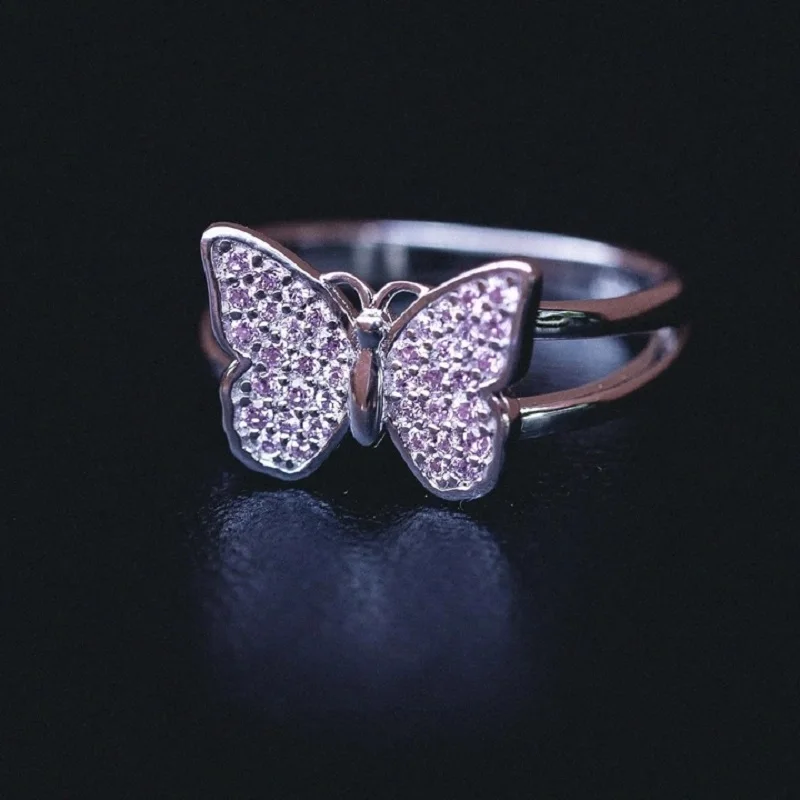 

Butterfly Ring For Women, Pink Zircon Ring, Copper Inlaid, Opening Accessory, Trendy, Trendy Jewelry, Gift