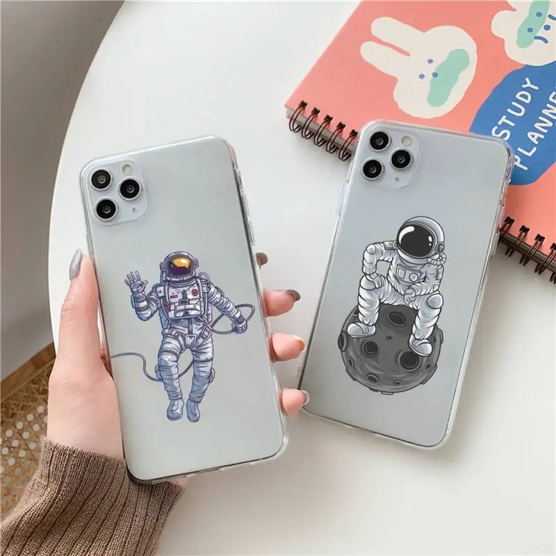 

Cartoon Astronaut spaceship Phone Case Transparent soft For iphone 12 11 13 7 8 6 s plus x xs xr pro max mini