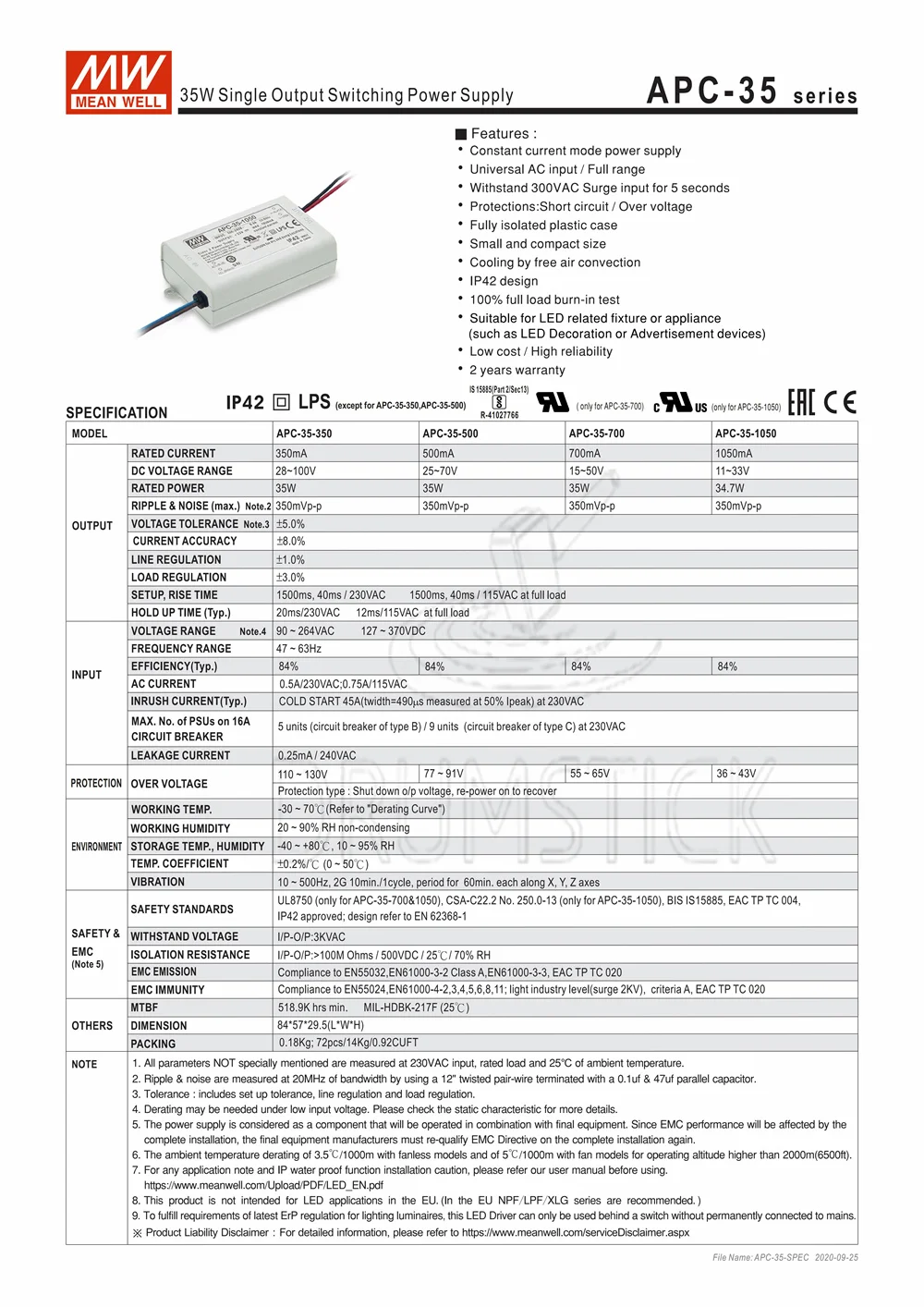 MEAN WELL APC-35-350 100V 350mA meanwell APC-35 35W одиночный выход Индикатор импульсный источник