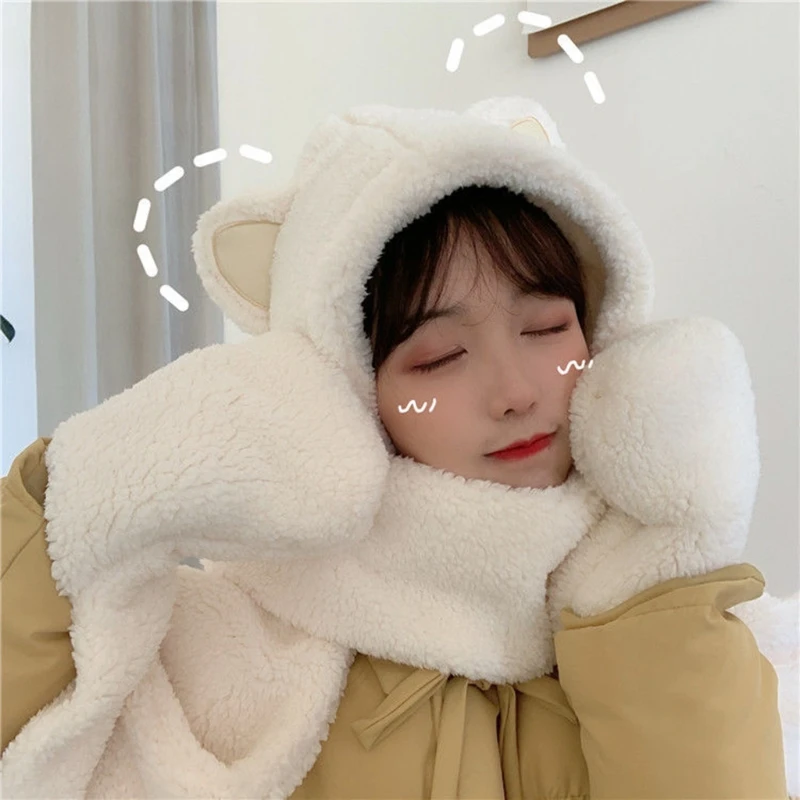 Женский Пушистый Плюшевый теплый комплект 3 в 1 шарф с капюшоном шапка перчатки