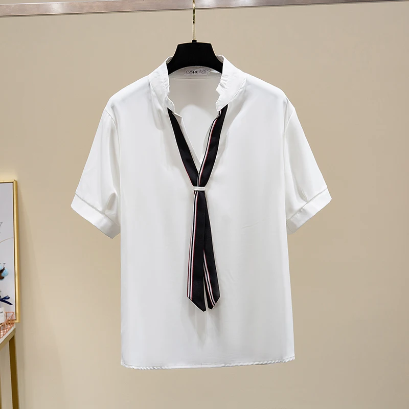 

XL-4XL 2021 Summer Women Blouses Elegant Chiffon Office Lady Shirt Short Sleeves V-Neck Lace Up Shirts Womens Casual Tops