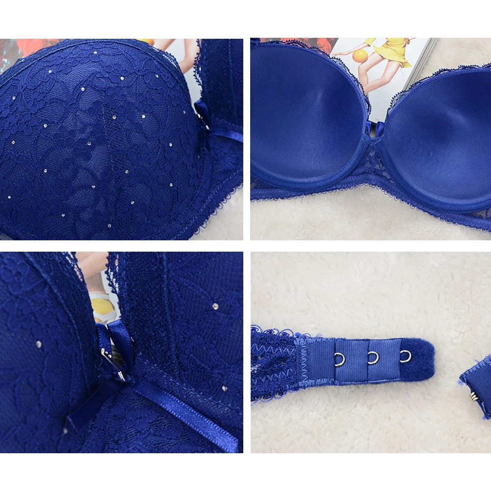 

Sexy Women Lace Rhinestone Underwear Set Push Up Bra Brassiere Thongs G-string