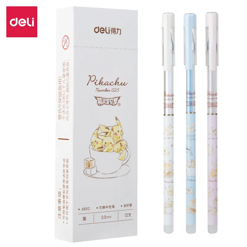 Гелевая ручка Deli Pokemon Erasable Gel Pen 12 шт. Милые пикачу детские чернила ручки для учащихся, подарок для девочек, школьные канцелярские принадлежности оптом.