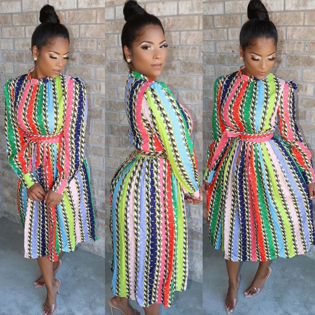 Женские платья с длинными рукавами и принтом поясом на талии круглым вырезом