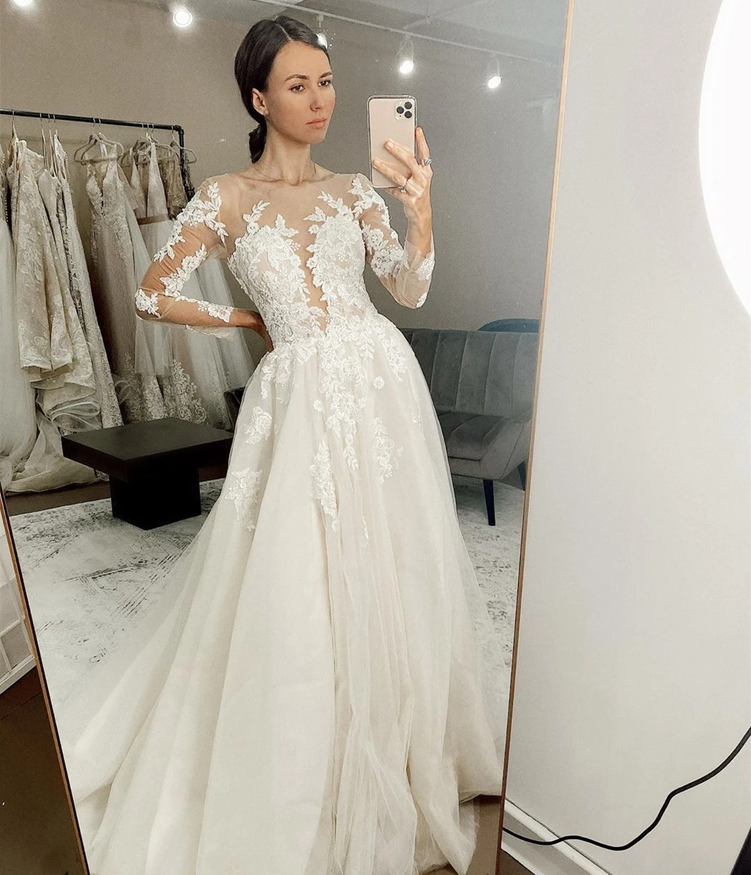 2020 свадебное платье трапециевидной формы с длинным рукавом белого кружева