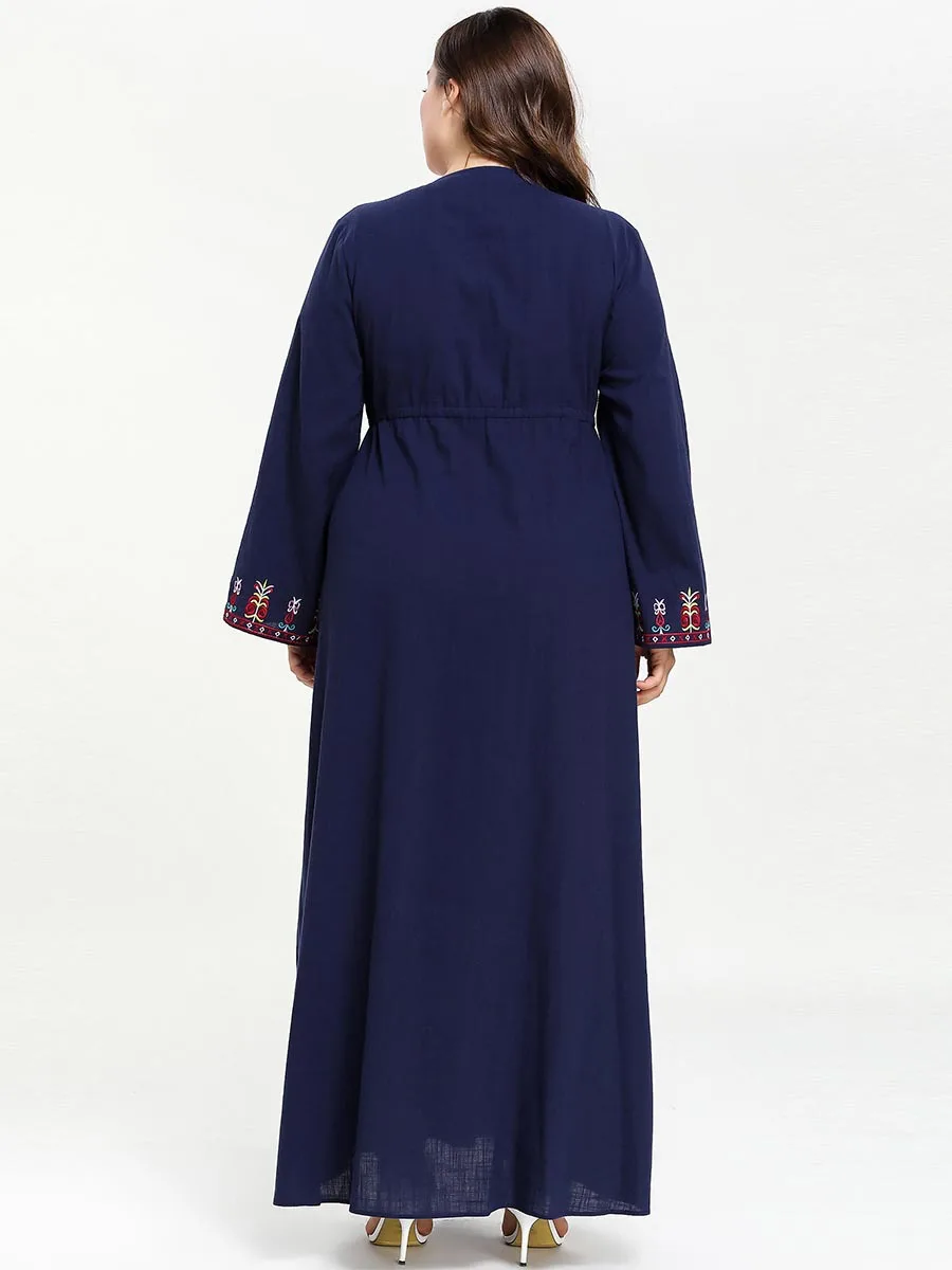 

Brand New Floral Embroidery Ethnic Maxi Dress Plus Size Drawstring waist Long Sleeve Women muslim abaya african dashiki VKDR1569
