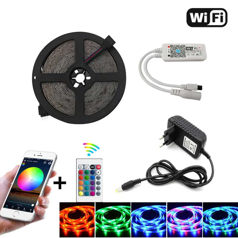 5M RGB-WiFi Control RGB Светодиодная лента светильник SMD 2835 5 м Водонепроницаемая RGB лента 12В лента Диодная Светодиодная лента s светильник Гибкая полоса лампа ИК wifi контроллер - Испускаемый цвет: 5M RGB-WiFi Control
