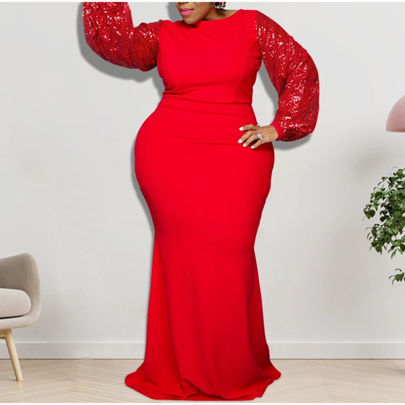 

Africa Plus Size Red Luxury Sequined Long Sleeve Maxi Gown Dress 4XL Club Evening Party Dress Suknie Wieczorowe Robes De Soirée