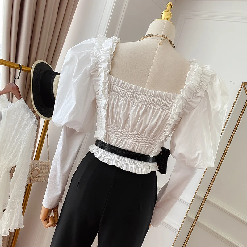

Square Collar Short Women's Shirt 2021 Spring New Chic Design Sweet Puff sleeve Ruched Ruffled Patchwork Elastic Retro Blouse