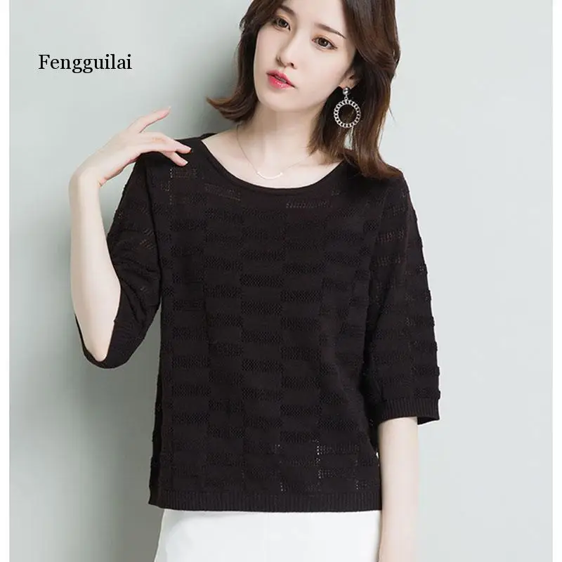 

Summer Short Sleeve Pullover Fashion Knitted Tops Women Thin Ladies Pull O-Neck Ladies Pullovers And Sweater Female