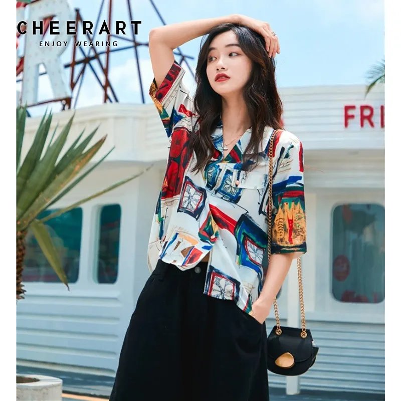 Женская винтажная блузка Cheerart летняя рубашка с коротким рукавом и лацканами 2019 |
