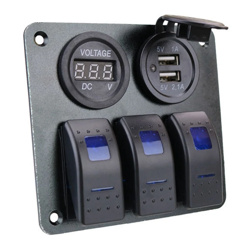 

Digital Voltmeter Dual USB Port Boat Switch Panel Car Switch Panel DC 12-24V Outlet Combination LED Rocker Switch Panel