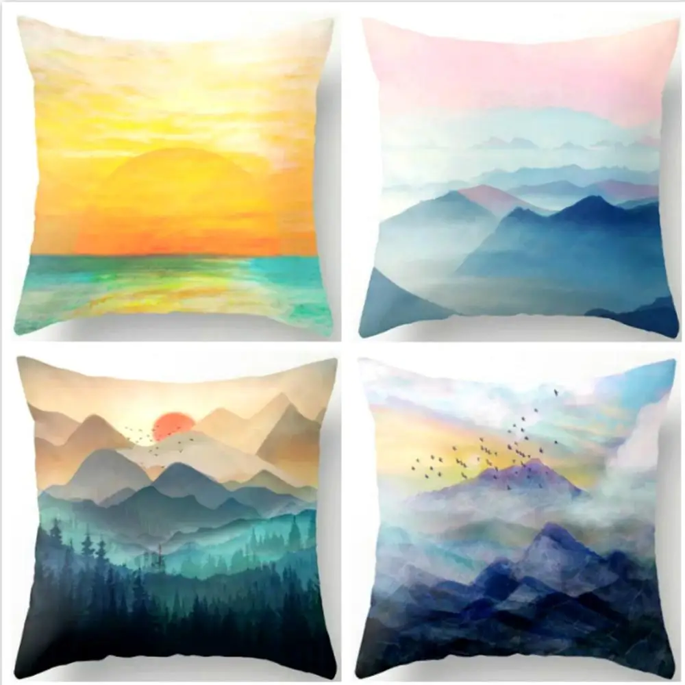 1 шт. Ландшафтная наволочка с рисунком рассвета красочная горная короткая