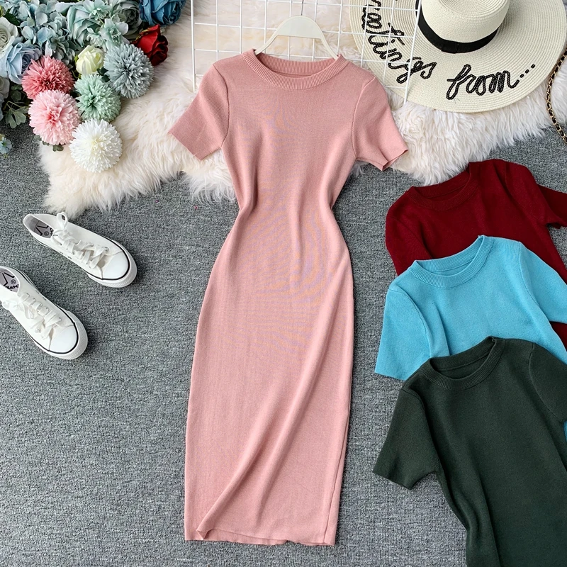 

New Women Summer Elasticity Knitted Dress Vintage O Neck Solid Short Sleeve Bodycon Dress Ladies Knee-length Bottoming Vestidos