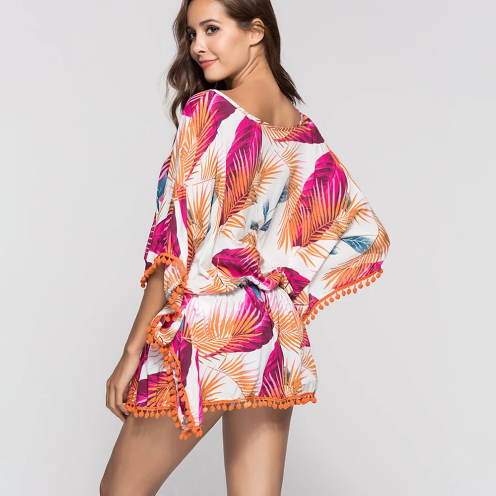 Vestido de verano de manga de murciélago con flecos, cuello redondo, impresión de planta, borlas, informal, 2021