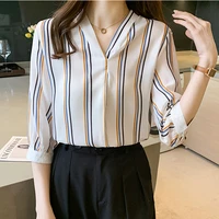 women print shirt striped v neck blouses femme 2022 spring autumn three quarter sleeve top chiffon korean style clothes blusen