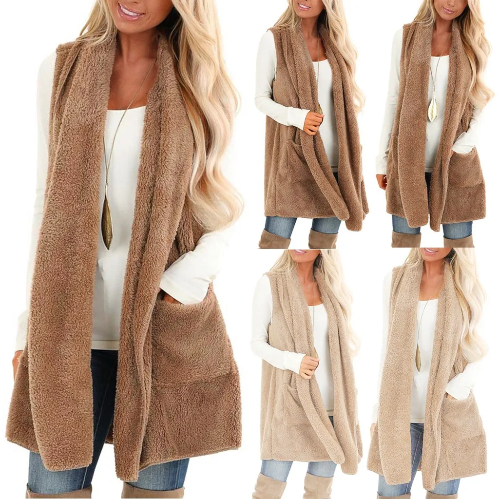 Модный жилет с карманами из искусственного меха зимний женский длинный Tenygo