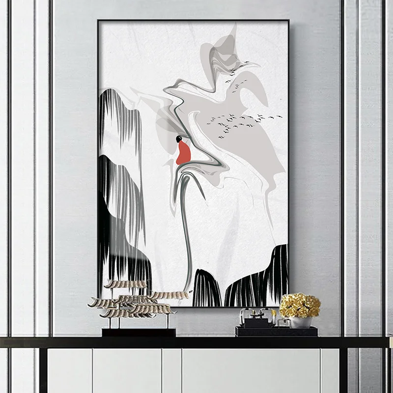 

Chinese Style Ink Landscapes Abstract Pavilion Trees Old People Canvas Painting Wall Picture Print Poster Living Room Decoration