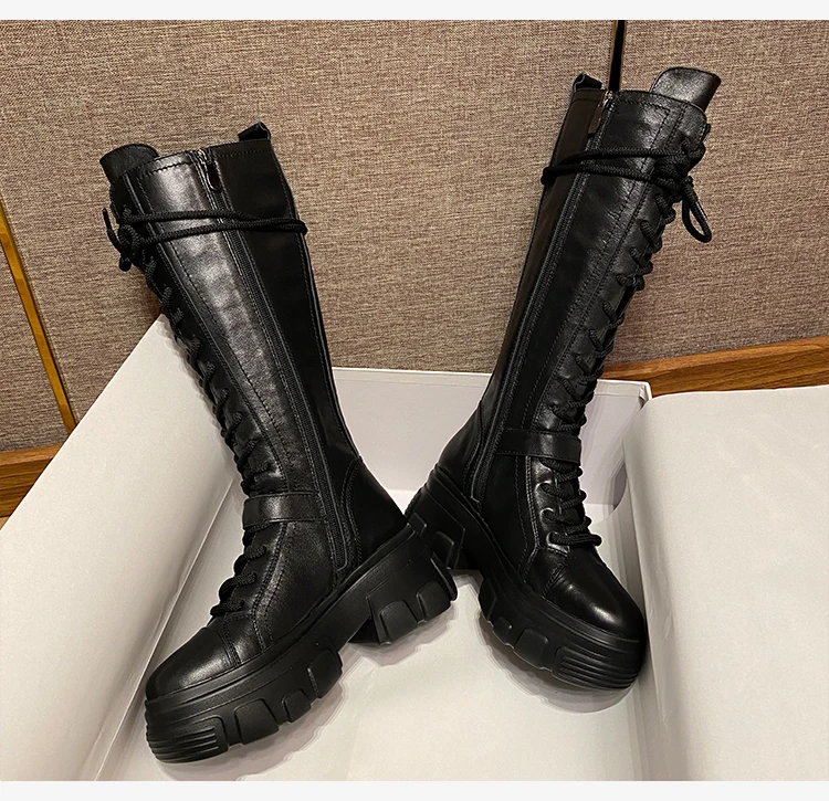 

2020 New Autumn Winter Plus Velvet Knight Boots Round Toe Knee-high Thick-soled High-tube Street Female Cool Motorcycle Boots
