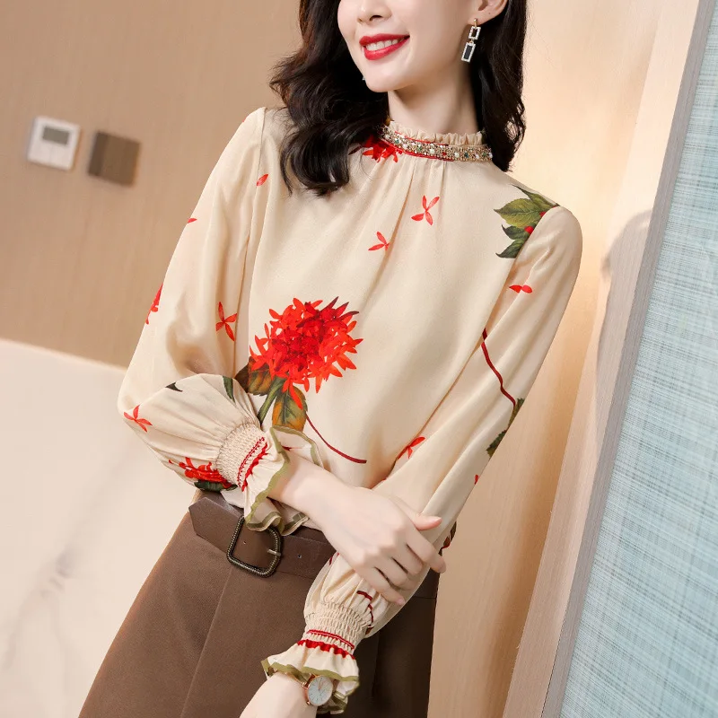 Women's Shirt 100% Silk Blouse Women Elegant Floral Long Sleeve Top Female Spring Autumn Fashion 2021 Ropa Mujer Pph3702