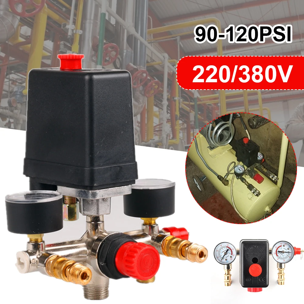

230-380v Air Compressor Pump Pressure Switch Manifold Regulator Gauges Control Valve with Quick Connector Gauges 90-120 PSI