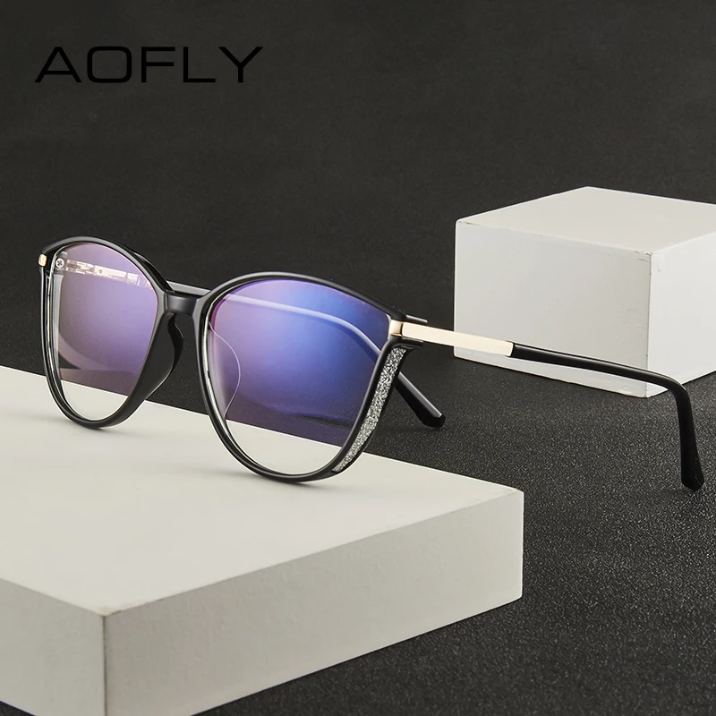 

Женские оптические очки «кошачий глаз» AOFLY, черно-золотистые оптические очки для компьютера с защитой от синего света, оправой с бриллианта...