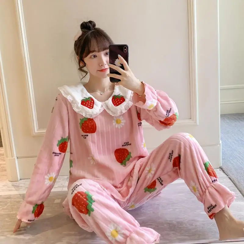 

Women's Coral Fleece Pajamas, Women's Sweet and Cute Doll Collar Home Service Flannel Suit 2/piece