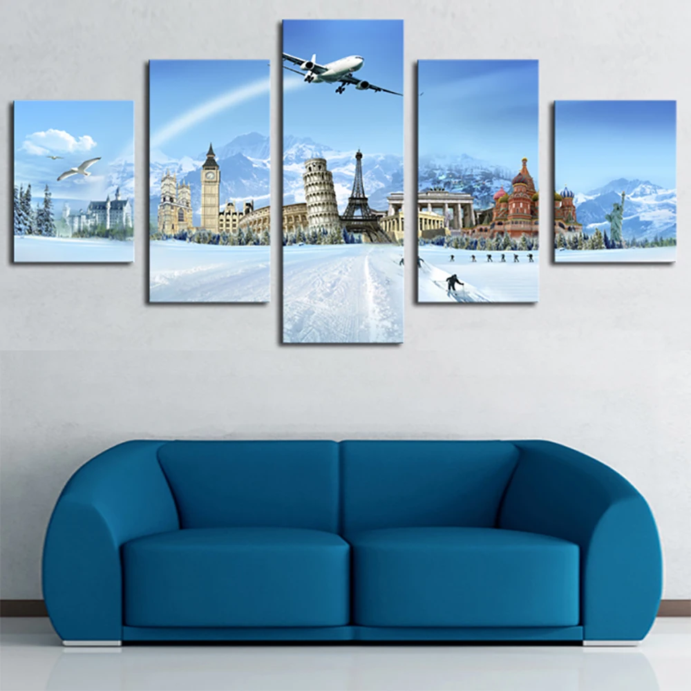 

5 Pieces Wall Art Canvas Painting Landscape Poster Snow Plane Modern Living Room Home Decoration Modular Framework Pictures
