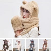 winter bear ear protection hat scarf gloves one female autumn winter lovely hooded plush warm