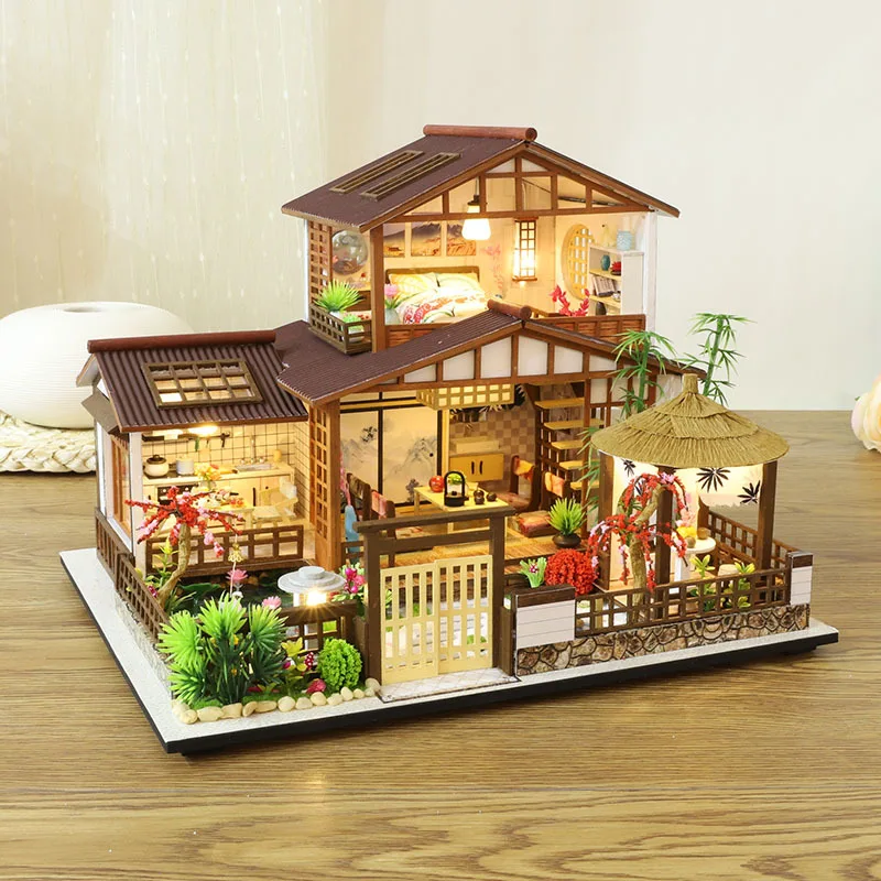 

Japanese Architecture DIY Wooden Dollhouse Kit Miniature Yard Cherry Blossoms Assembled Doll House Casa Toys for Children Adult