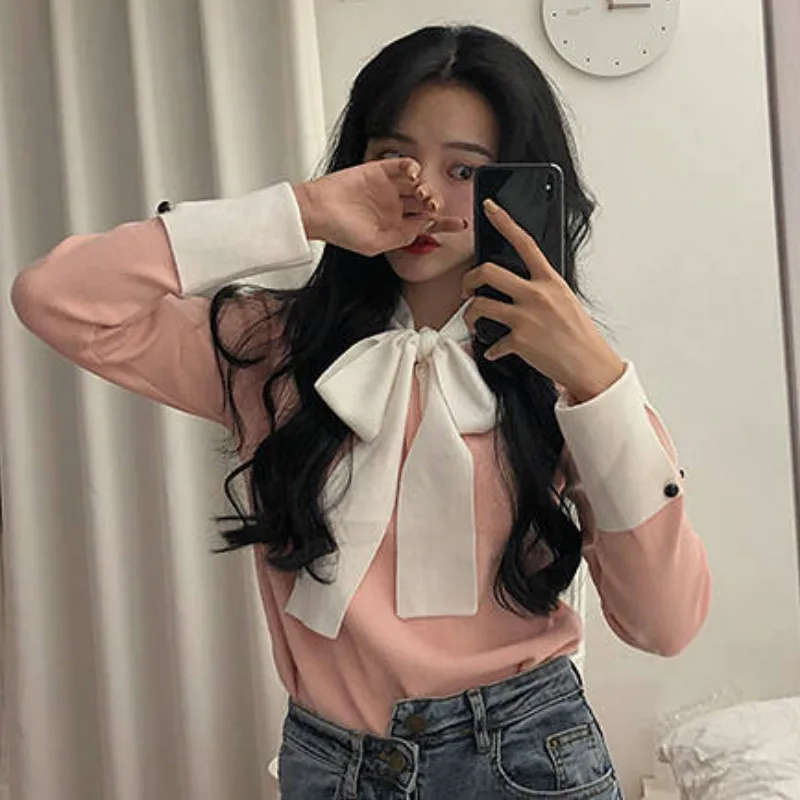 pink pullover Neploe корейский весенний женский тонкий свитер зимняя одежда вязаный джемпер со шнуровкой длинный рукав элегантный женский обтягивающий пуловер 90400 - Цвет: pink pullover