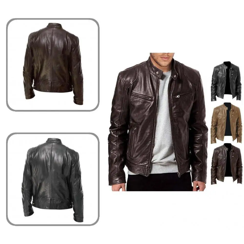 

Stylish Multi Pockets Slim Men Jacket Motorcycle Windbreaker Faux Leather Warm