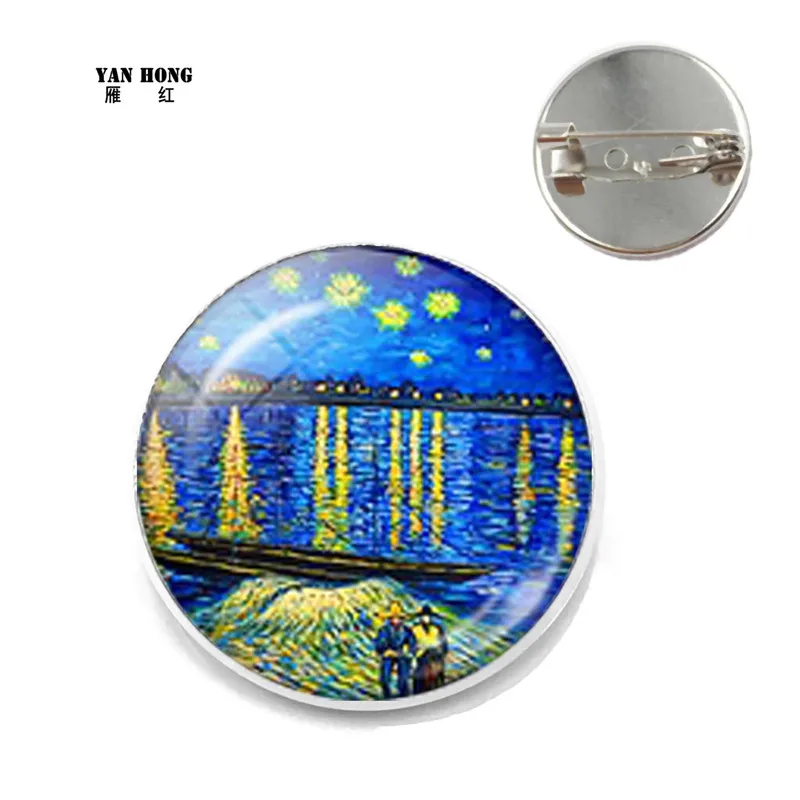 

Vintage Van Gogh art star night sunflower Brooch for men and women glass dome jewelry schoolbag white k20mm Brooch gift YANHONG