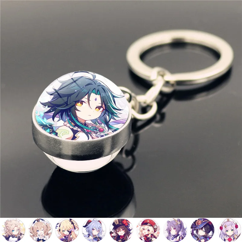 

Game Genshin Impact Keychain Charms Double Sided Glass Ball Pendant Cosplay Jewelry Anime Key Chains Key Ring Holder Women Gift