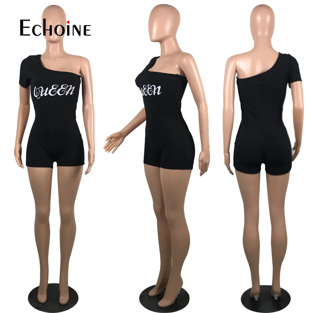 

Echoine Women Letter Print One Shoulder Playsuit Short Sleeve Skew Collar Playsuits Sexy Romper One Piece Overalls Summer Outfit