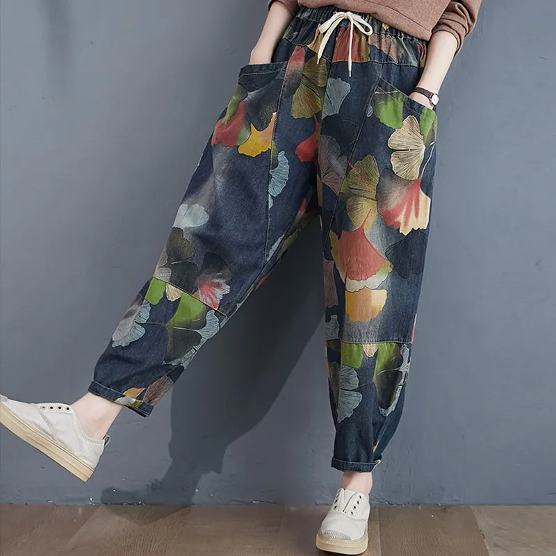 

Women High Waist Jeans New Arrival 2021 Autumn Streetwear Vintage Floral Print Loose Female Casual Denim Harem Pants