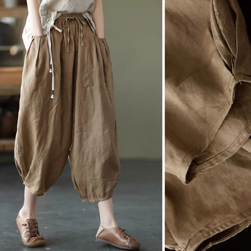 

Big Pocket Elastic Waist Loose Harem Pants Women High Quality Cotton Linen Casual Trousers Spring Summer Solid Wide Leg Pants