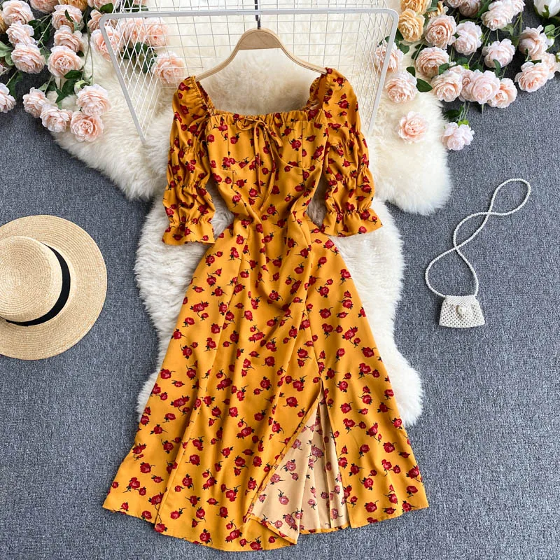 

Женское платье с цветочным принтом, ТРАПЕЦИЕВИДНОЕ ПЛАТЬЕ до колена с рукавами-фонариками, квадратным вырезом и складками, платье до середи...