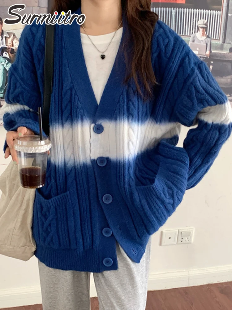 

Женский вязаный кардиган оверсайз SURMIITRO, модный синий свитер с длинным рукавом в Корейском стиле, в стиле пэчворк, Осень-зима 2021
