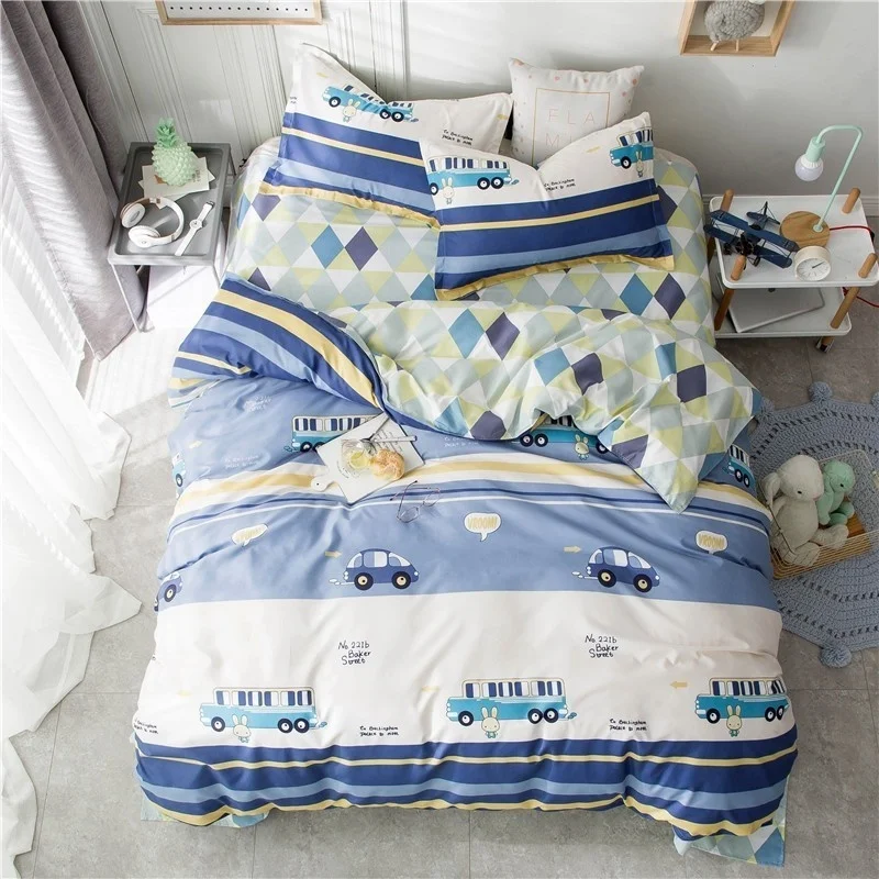 

Home Textile Duvet Cover Pillowcase Flat Bed Sheet Car Bus Blue Stripe Bedding Linens Set Girl Kid Teen Boys Bedclothes