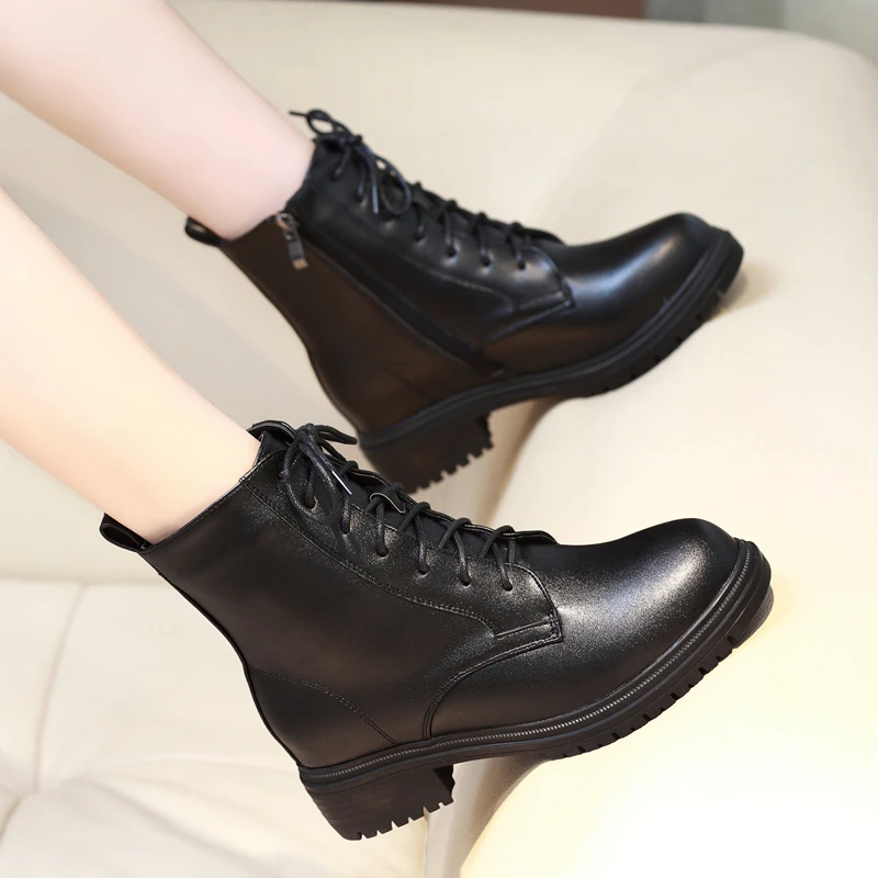 

Fashion Ankle Boots Women Low Heel British Style Winter 2022 New Flat Lace Up Short Boots Cool Motorcycle Boot Ladies Shoes